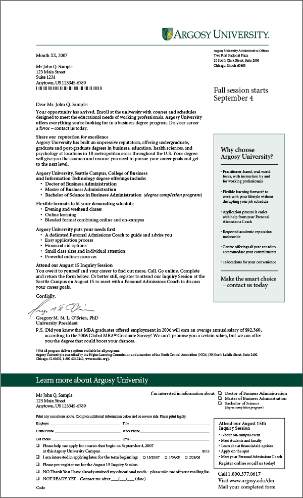 Argosy University Acquisition Direct Mail Robert Salm